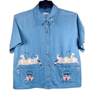 VTG Christopher & Banks Noah’s Ark Embroidered Denim Shirt Women's Medium 90s